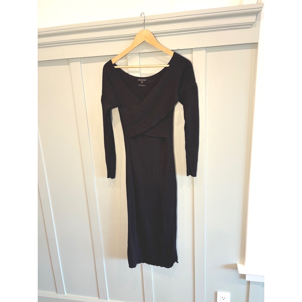 Massimo Dutti Black Knit Midi Dress Off Shoulder Crossover Fitted M